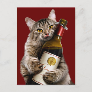 Cartão Postal De Convite Gato Com Garrafa De Vinho