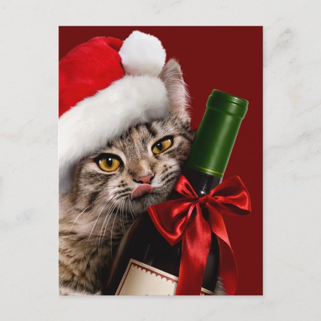 Cartão Postal De Convite Gato de Natal com Garrafa de Vinho (Frente)