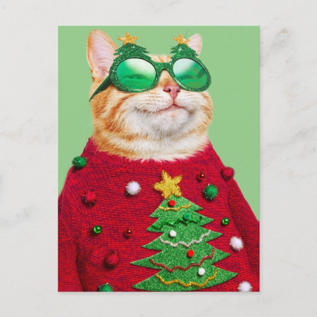Cartão Postal De Convite Gato em Suéter Feio de Natal (Frente)