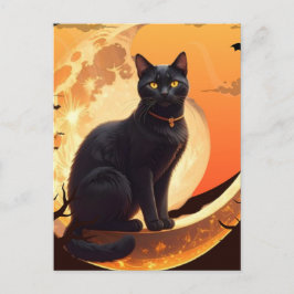 Cartão Postal De Convite Gato Negro Moderno do Halloween