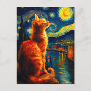 Cartão Postal De Convite Gato Ruivo Contemplativo Céu Noturno Estrelado