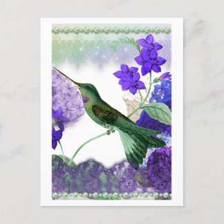 Cartão Postal De Convite Gato verde com flores, rendas, pérolas