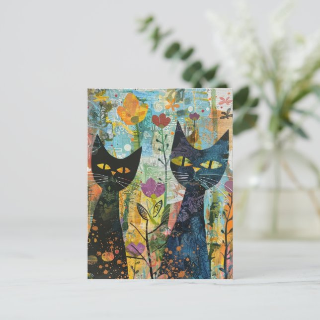 Cartão Postal De Convite Gatos De Boho Watercolor - Arte Felina Terrestre ( (Em pé/Frente)