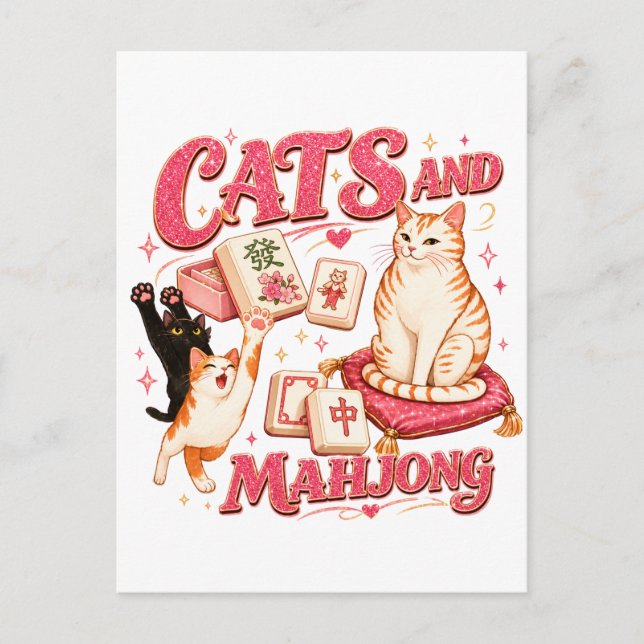 Cartão Postal De Convite Gatos e Mahjong (Frente)