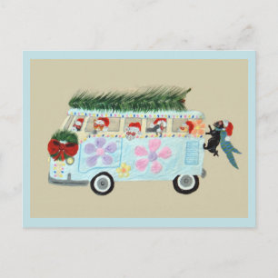 Cartão Postal De Convite Gatos Loucos na sua Van Hippie de Natal