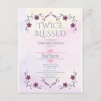 Cartão Postal De Convite Gêmeos esperados: Boho floral e lavanda aquarela