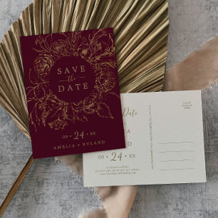 Cartão Postal De Convite Gilded Floral Burgundy Gold Save the Date Postcard