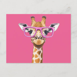 Cartão Postal De Convite Girafa com Óculos Rosa