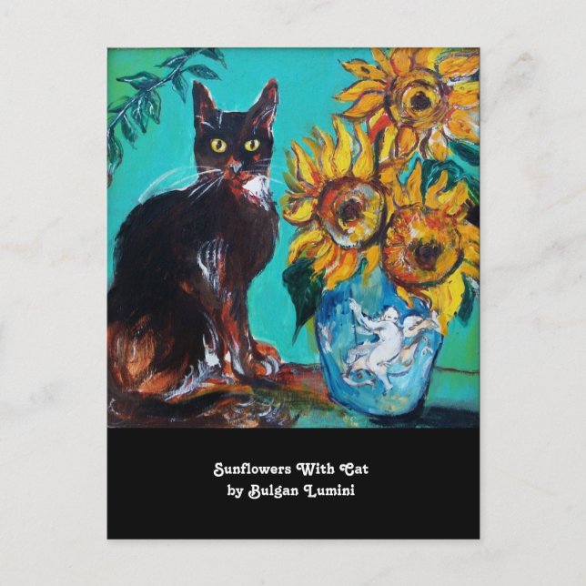 Cartão Postal De Convite GIRASSÓIS E GATO PRETO EM AZUL TEAL Festa de Verão (Frente)