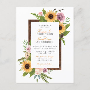 Cartão Postal De Convite Girassóis & Rosas   Casamento Rústico no Celeiro