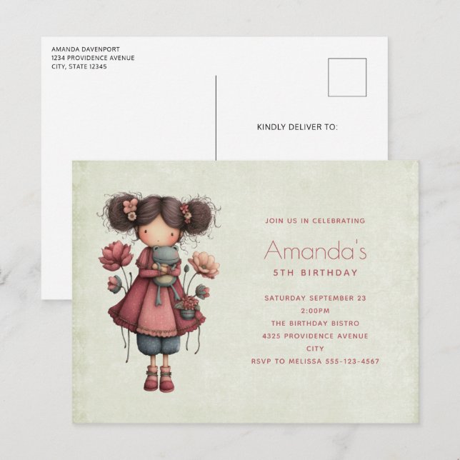 Cartão Postal De Convite Girl with A Frog Doll Cute Whimsical Birthday (Frente/Verso)