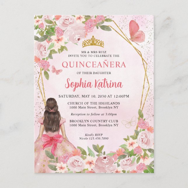 Cartão Postal De Convite Glam Blush Dourada Princesa Floral Rosa Quinceañer (Frente)