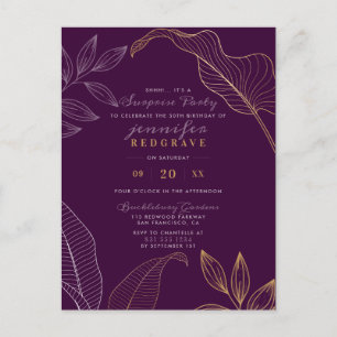 Cartão Postal De Convite Glam Purple e Dourado deixa moderno partido Surpre