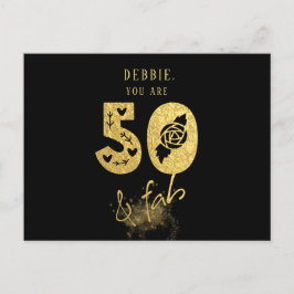 Cartão Postal De Convite Glamorous Virtual Black e Dourado 50 & Fab Birthda