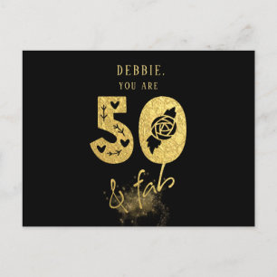 Cartão Postal De Convite Glamorous Virtual Black e Dourado 50 & Fab Birthda
