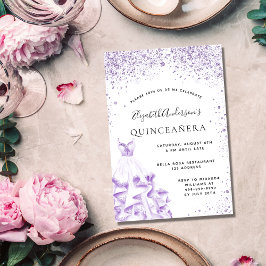 Cartão Postal De Convite Glitor branco violeta de Quinceanera