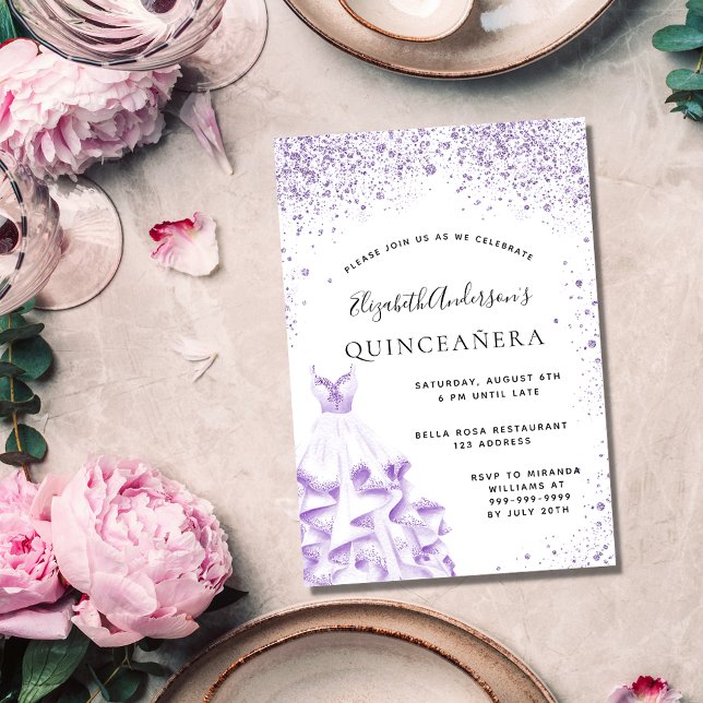 Cartão Postal De Convite Glitor branco violeta de Quinceanera (Criador carregado)