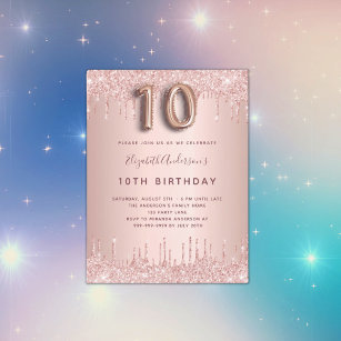 Cartão Postal De Convite Glitter dourado do rosa do 10.º aniversário goteja