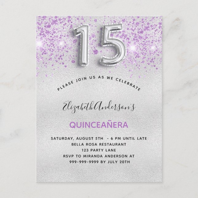 Cartão Postal De Convite Glitter prateado de quinceanera cai (Frente)