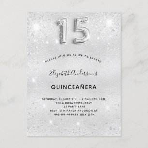 Cartão Postal De Convite Glitter prateado de quinceanera glamouroso