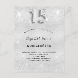 Cartão Postal De Convite Glitter prateado de quinceanera glamouroso