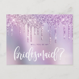 Cartão Postal De Convite Glitter roxo, você será minha dama de honra.