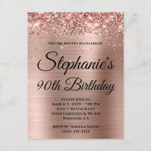Cartão Postal De Convite Glittery Rose Gold Foil Aniversário de 90 anos