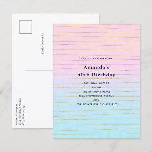 Cartão Postal De Convite Gradiente de Pastel Azul Rosa com Linhas Douradas 