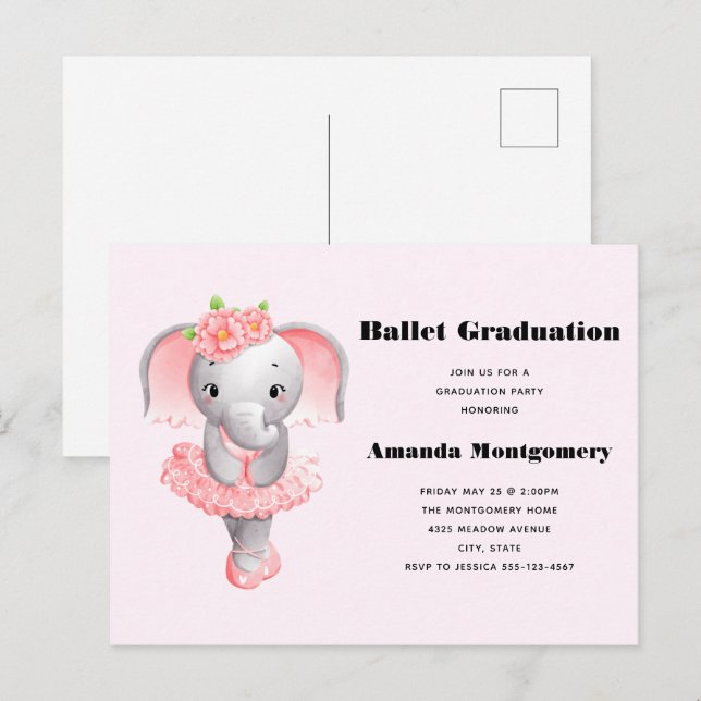 Cartão Postal De Convite Graduação Ballerina, Elefante Rosa E Cinza (Frente/Verso)