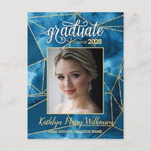 Cartão Postal De Convite Graduação de Foto com Script Glitter Dourado Azul 