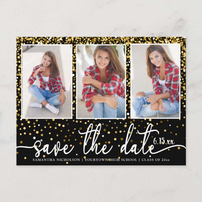 Cartão Postal De Convite Graduação Salvar Data 4 Foto Dourada Brilho Preto (Frente)