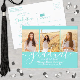 Cartão Postal De Convite Graduation Party Modern Script Teal Blue 3 Photo