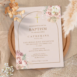 Cartão Postal De Convite Grama das Pampas Rosa Dourado Arco Batismo Batizad