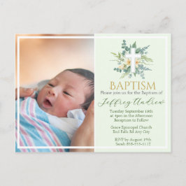 Cartão Postal De Convite Green Watercolor Floral Faux Gold Photo Baptism