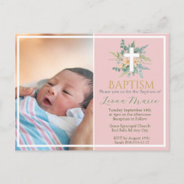 Cartão Postal De Convite Green Watercolor Floral Faux Gold Photo Baptism