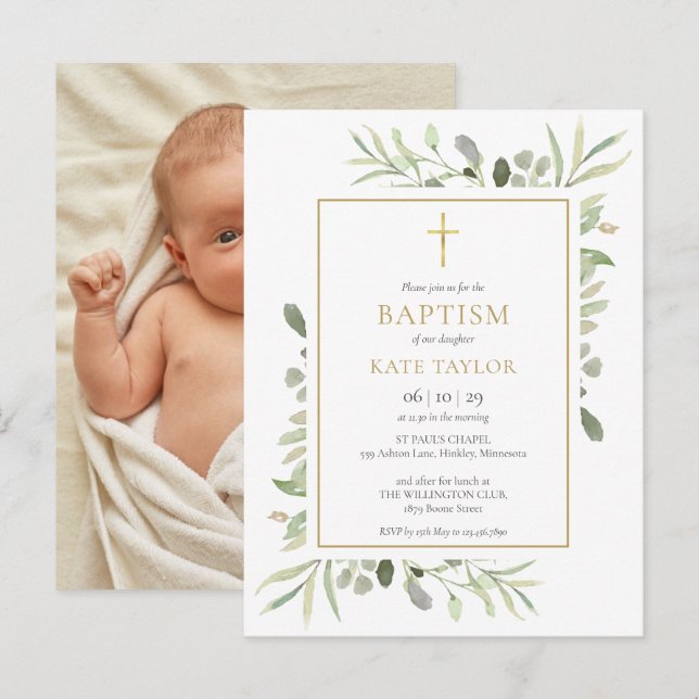 Cartão Postal De Convite Greenery Baptism Christening Foto (Frente/Verso)