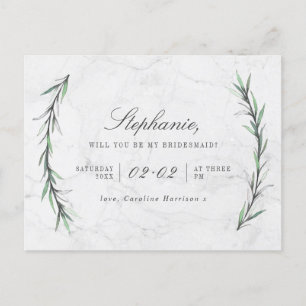 Cartão Postal De Convite Greenery & White Marble Você Será Minha Colega De