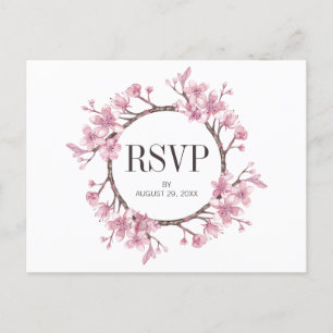 Cartão Postal De Convite Grinalda Floral de Cerejeira Rosa Casamento RSVP