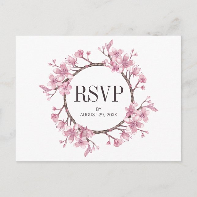 Cartão Postal De Convite Grinalda Floral de Cerejeira Rosa Casamento RSVP (Frente)