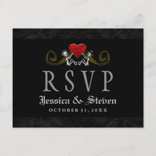 Cartão Postal De Convite Halloween Skeletons & Heart Matching Wedding RSVP