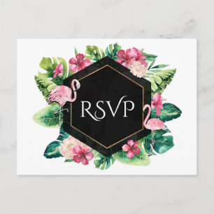 Cartão Postal De Convite Hibiscus Flamingos Casamento RSVP