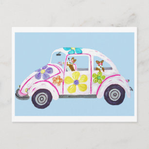 Cartão Postal De Convite Hippie Welsh Corgis no seu Carro do Amor de Filhos