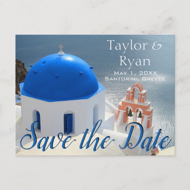 Cartão Postal De Convite Igreja Santorini no Sol da Tarde. (Frente)