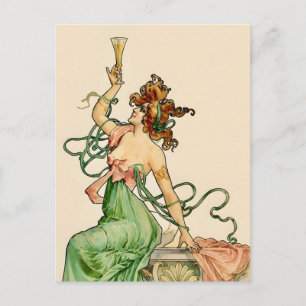 Cartão Postal De Convite Ilustração Art Nouveau Vintage da Dama do Champanh