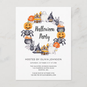 Cartão Postal De Convite Ilustração de festa feliz de Halloween preto fofo