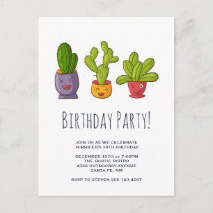 Cartão Postal De Convite Ilustração divertida de três cactus em Potes de