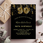 Cartão Postal De Convite impressão-leopardo-de-ouro preto de 90 de aniversá<br><div class="desc">Um convite moderno, na moda e glamouroso para uma festa de aniversário 90. Um fundo preto, decorado com confete. O nome é escrito com um moderno estilo escrito à mão. Personalize e adicione os detalhes da sua festa. O número 90 é escrito com uma fonte do estilo do balão, padrão...</div>