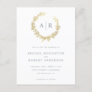 Cartão Postal De Convite Iniciais desenhados mão Dourados elegantes da