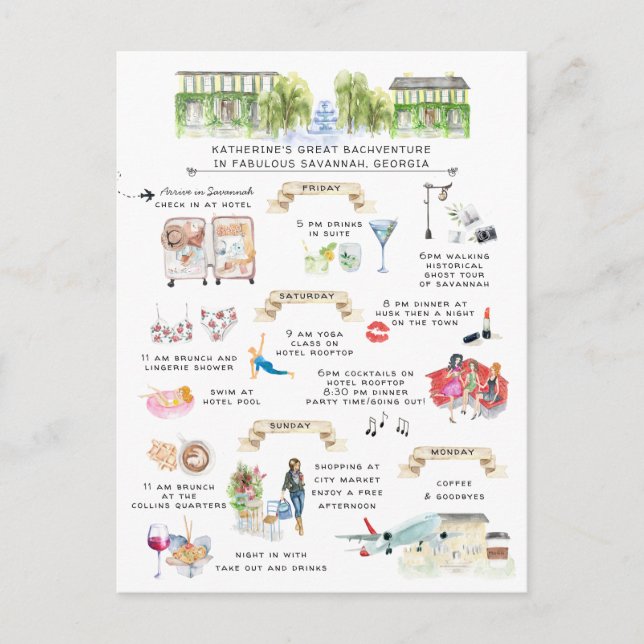 Cartão Postal De Convite Itinerário de Fim de Semana Bachelorette | Savanna (Frente)