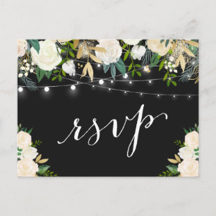 Cartão Postal De Convite Ivory White Floral String Luzes de Casamento RSVP